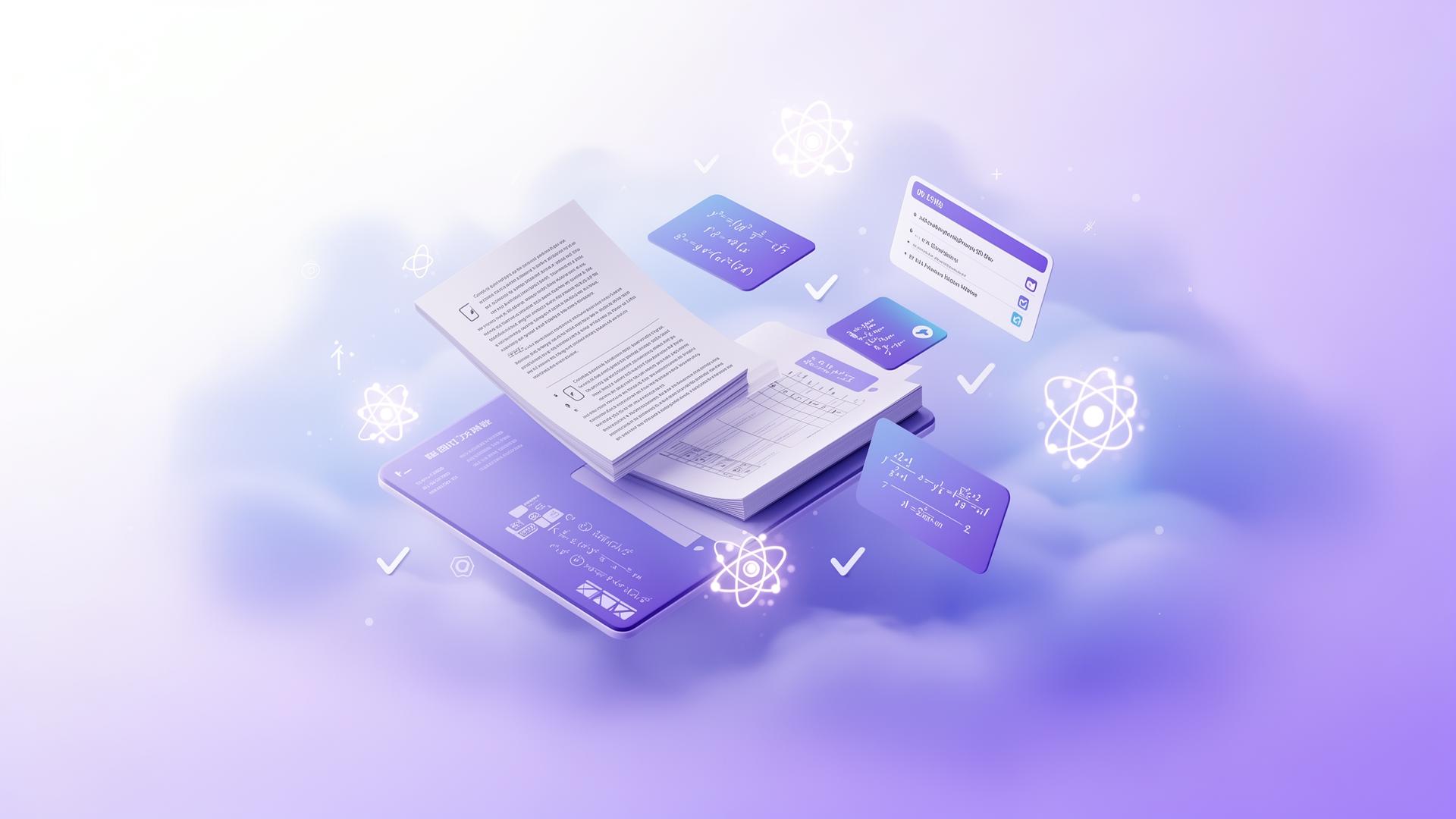 AI-generated study cards floating above an open notebook